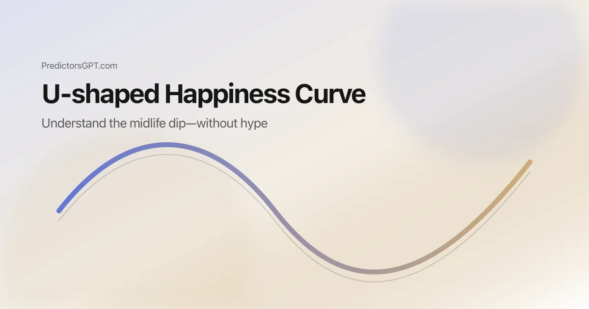 U-shaped happiness curve illustration with a midlife dip and later recovery